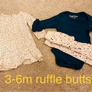 Ruffle butts 3-6m bundle, dress, ruffle sleeved bodysuit, and footless tights
